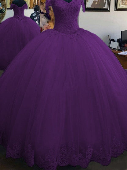 Ball Gown Sleeveless Off-the-Shoulder Floor-Length Lace Tulle Prom Dress
