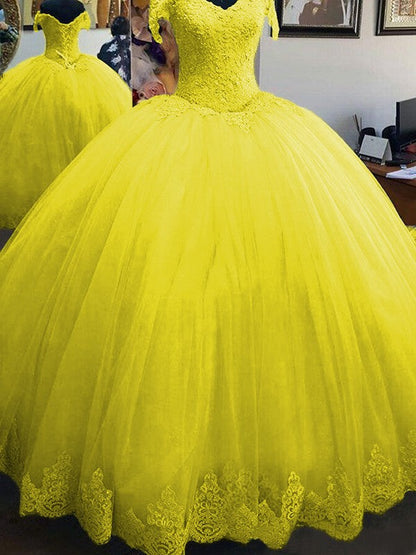 Ball Gown Sleeveless Off-the-Shoulder Floor-Length Lace Tulle Prom Dress