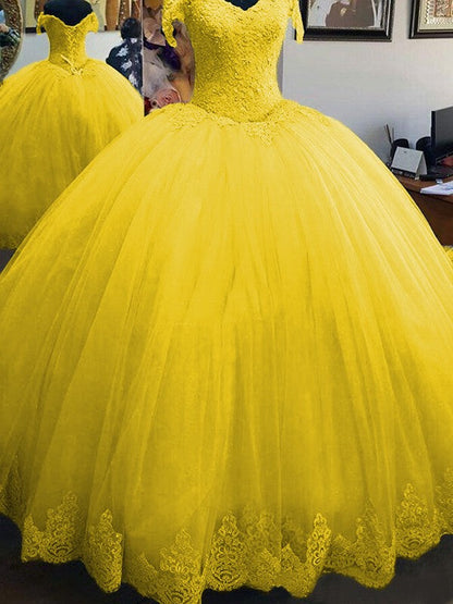 Ball Gown Sleeveless Off-the-Shoulder Floor-Length Lace Tulle Prom Dress