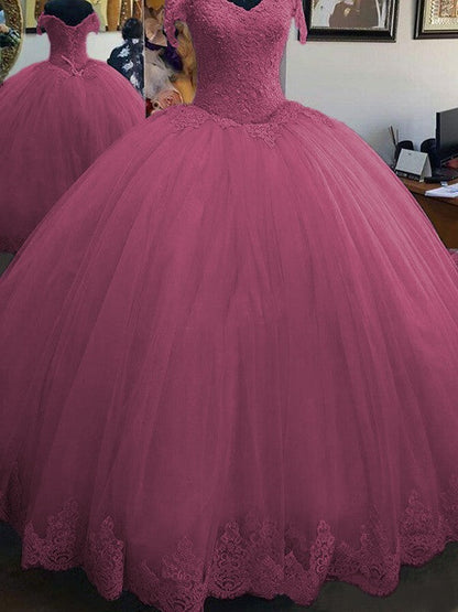 Ball Gown Sleeveless Off-the-Shoulder Floor-Length Lace Tulle Prom Dress