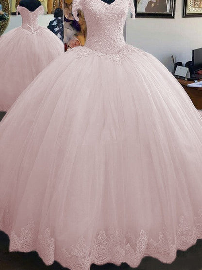 Ball Gown Sleeveless Off-the-Shoulder Floor-Length Lace Tulle Prom Dress