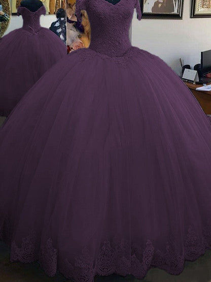 Ball Gown Sleeveless Off-the-Shoulder Floor-Length Lace Tulle Prom Dress