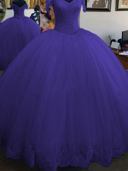 Ball Gown Sleeveless Off-the-Shoulder Floor-Length Lace Tulle Prom Dress