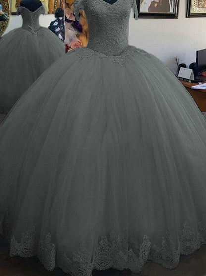 Ball Gown Sleeveless Off-the-Shoulder Floor-Length Lace Tulle Prom Dress