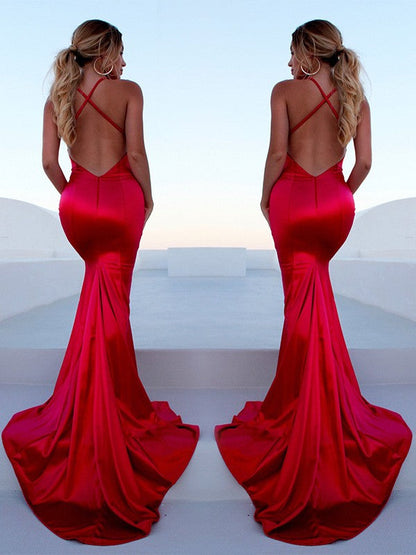 Mermaid Sleeveless Halter Sweep/Brush Train With Ruffles Silk like Satin Prom Dress
