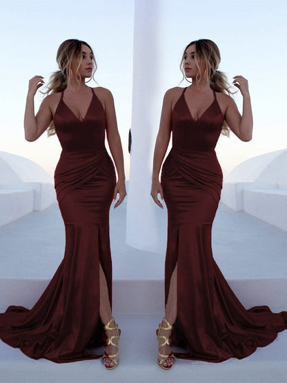 Mermaid Sleeveless Halter Sweep/Brush Train With Ruffles Silk like Satin Prom Dress