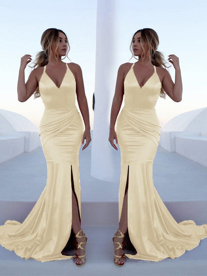 Mermaid Sleeveless Halter Sweep/Brush Train With Ruffles Silk like Satin Prom Dress