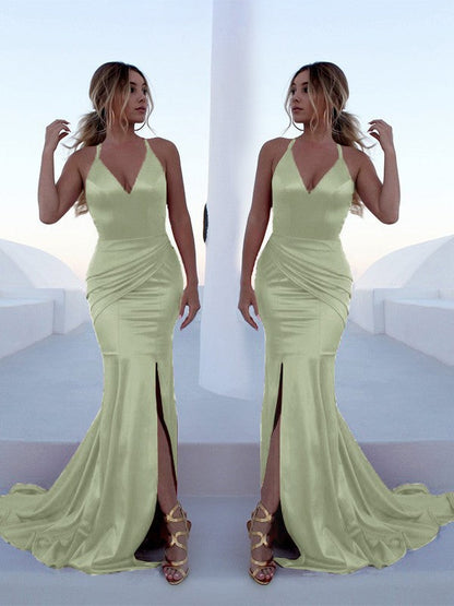 Mermaid Sleeveless Halter Sweep/Brush Train With Ruffles Silk like Satin Prom Dress