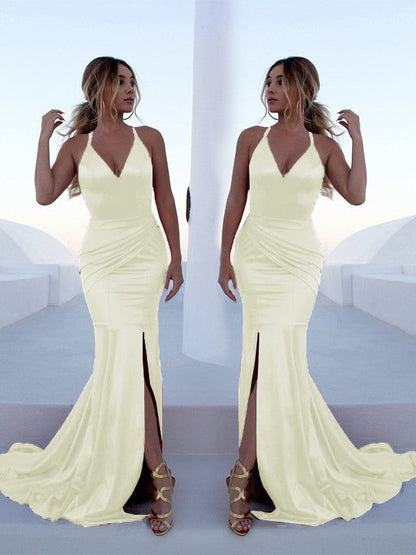 Mermaid Sleeveless Halter Sweep/Brush Train With Ruffles Silk like Satin Prom Dress