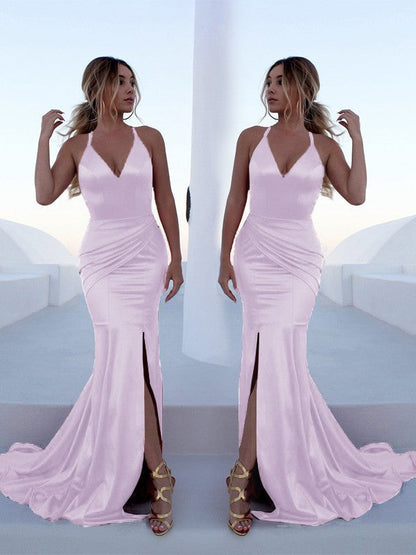 Mermaid Sleeveless Halter Sweep/Brush Train With Ruffles Silk like Satin Prom Dress