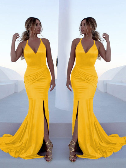 Mermaid Sleeveless Halter Sweep/Brush Train With Ruffles Silk like Satin Prom Dress