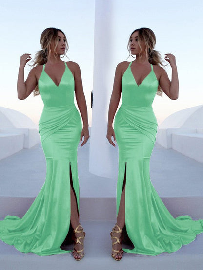 Mermaid Sleeveless Halter Sweep/Brush Train With Ruffles Silk like Satin Prom Dress