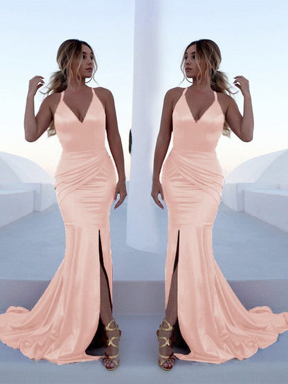 Mermaid Sleeveless Halter Sweep/Brush Train With Ruffles Silk like Satin Prom Dress