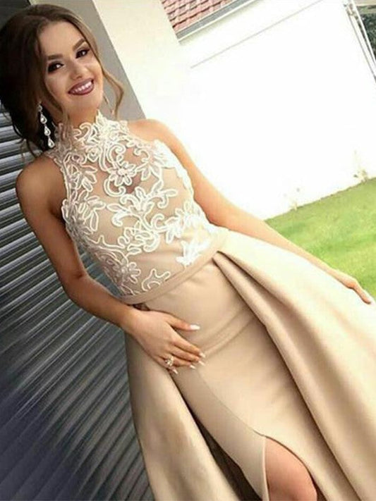 A-Line Sleeveless High Neck Sweep/Brush Train With Applique Satin Prom Dress