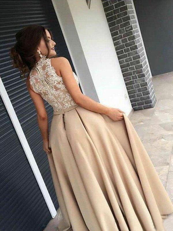 A-Line Sleeveless High Neck Sweep/Brush Train With Applique Satin Prom Dress