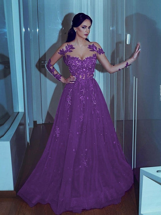 A-Line Long Sleeves Scoop Sweep/Brush Train With Applique Tulle Prom Dress