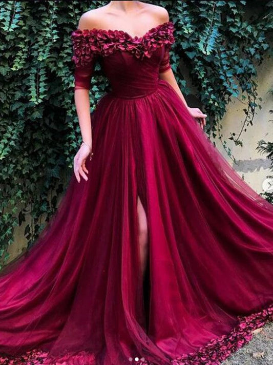 A-Line 1/2 Sleeves Off-the-Shoulder Sweep/Brush Train With Ruffles Tulle Prom Dress