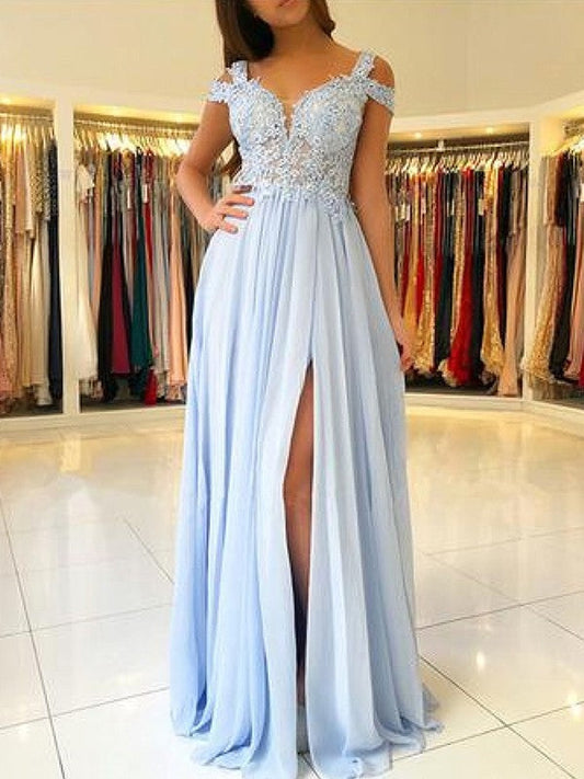 A-Line Sleeveless Off-the-Shoulder Floor-Length With Applique Chiffon Bridesmaid Dresses