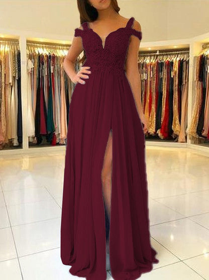 A-Line Sleeveless Off-the-Shoulder Floor-Length With Applique Chiffon Bridesmaid Dresses