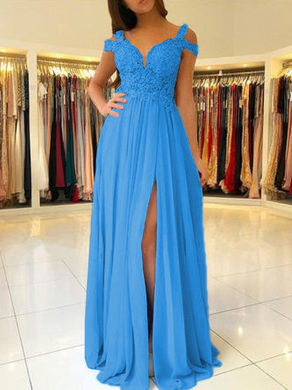 A-Line Sleeveless Off-the-Shoulder Floor-Length With Applique Chiffon Bridesmaid Dresses