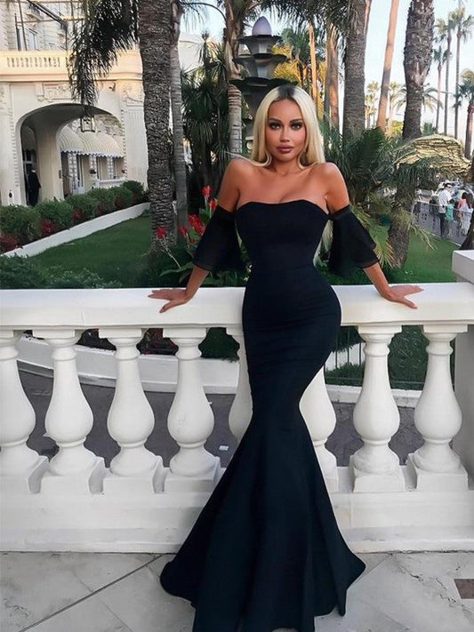 Mermaid Sleeveless Off-the-Shoulder Floor-Length With Ruffles Stretch Crepe Prom Dress