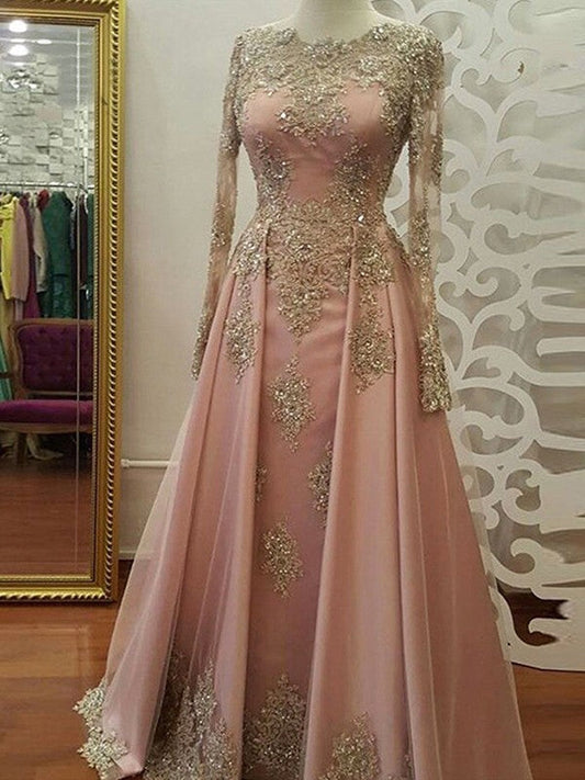 A-Line Long Sleeves Scoop Floor-Length With Applique Tulle Muslim Prom Dress