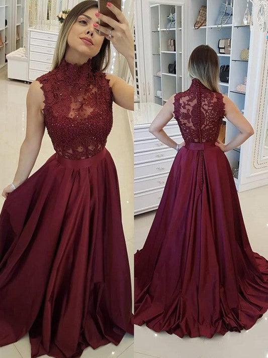 A-Line Sleeveless High Neck Sweep/Brush Train With Applique Satin Prom Dress