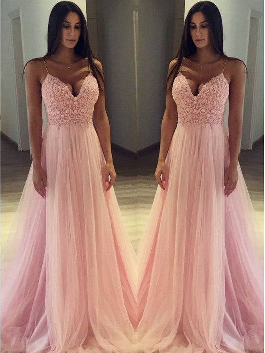 A-Line Sleeveless Spaghetti Straps Sweep/Brush Train With Applique Tulle Prom Dress