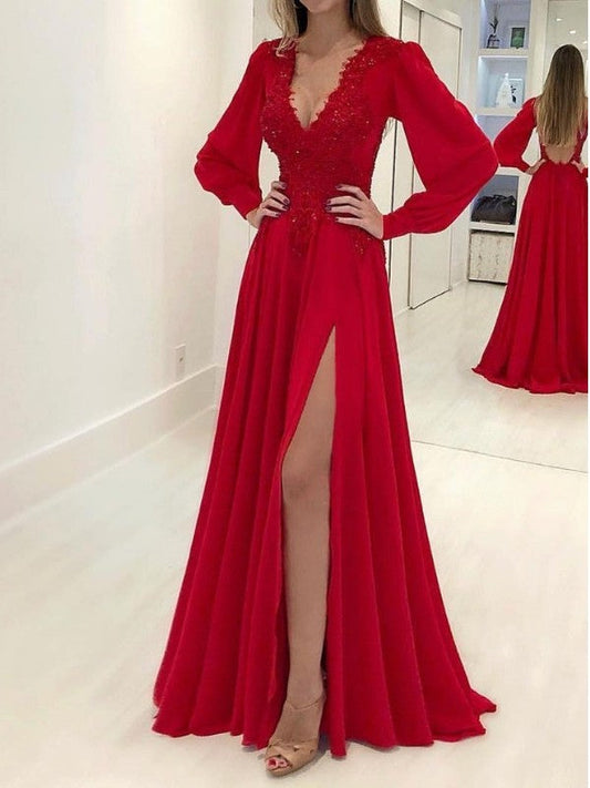 A-Line Long Sleeves V-neck Sweep/Brush Train With Applique Chiffon Prom Dress
