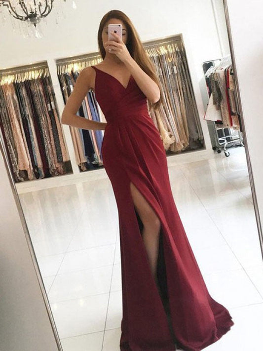 A-Line Sleeveless V-neck Sweep/Brush Train With Ruffles Silk like Satin Prom Dress
