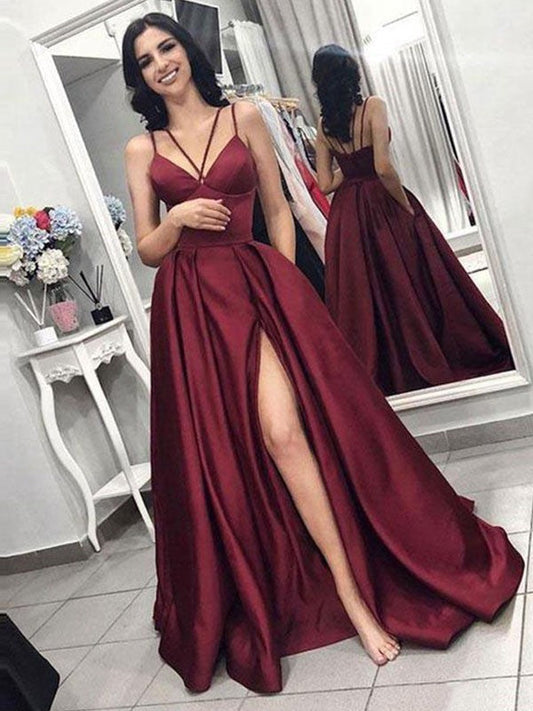 A-Line Sleeveless Spaghetti Straps Sweep/Brush Train With Ruffles Satin Prom Dress