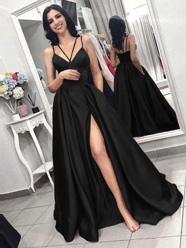A-Line Sleeveless Spaghetti Straps Sweep/Brush Train With Ruffles Satin Prom Dress