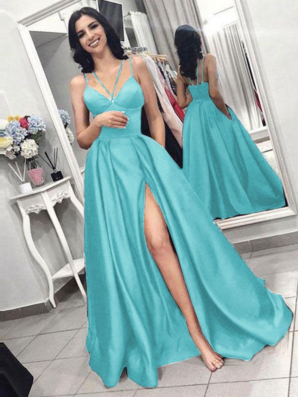 A-Line Sleeveless Spaghetti Straps Sweep/Brush Train With Ruffles Satin Prom Dress