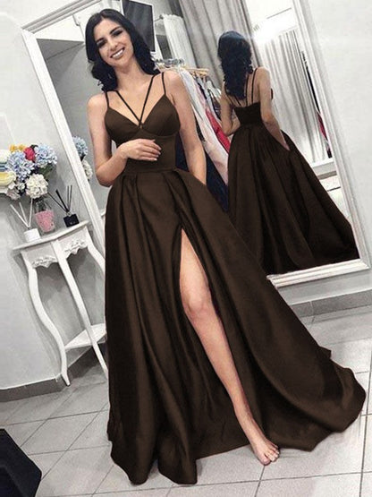 A-Line Sleeveless Spaghetti Straps Sweep/Brush Train With Ruffles Satin Prom Dress