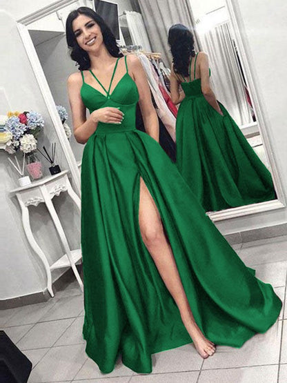 A-Line Sleeveless Spaghetti Straps Sweep/Brush Train With Ruffles Satin Prom Dress