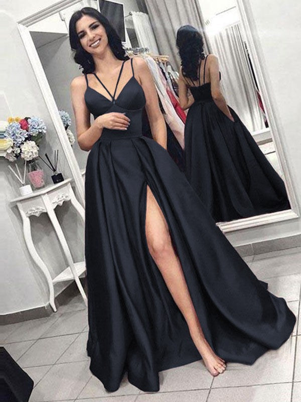 A-Line Sleeveless Spaghetti Straps Sweep/Brush Train With Ruffles Satin Prom Dress