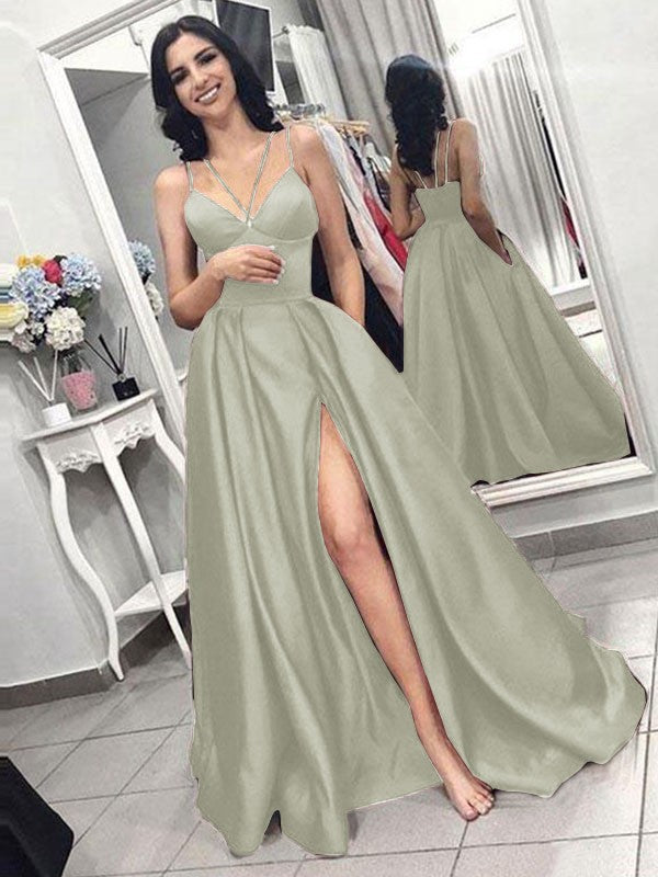 A-Line Sleeveless Spaghetti Straps Sweep/Brush Train With Ruffles Satin Prom Dress