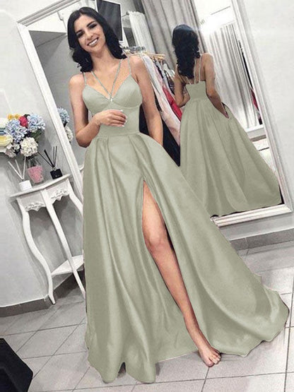 A-Line Sleeveless Spaghetti Straps Sweep/Brush Train With Ruffles Satin Prom Dress