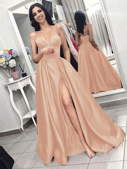 A-Line Sleeveless Spaghetti Straps Sweep/Brush Train With Ruffles Satin Prom Dress