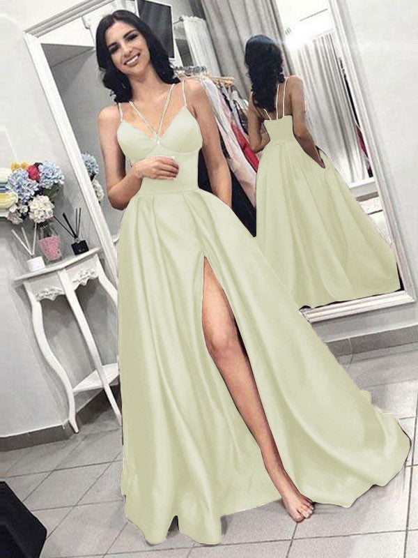 A-Line Sleeveless Spaghetti Straps Sweep/Brush Train With Ruffles Satin Prom Dress