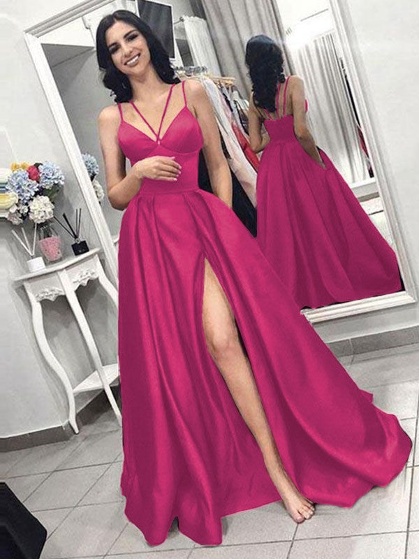 A-Line Sleeveless Spaghetti Straps Sweep/Brush Train With Ruffles Satin Prom Dress