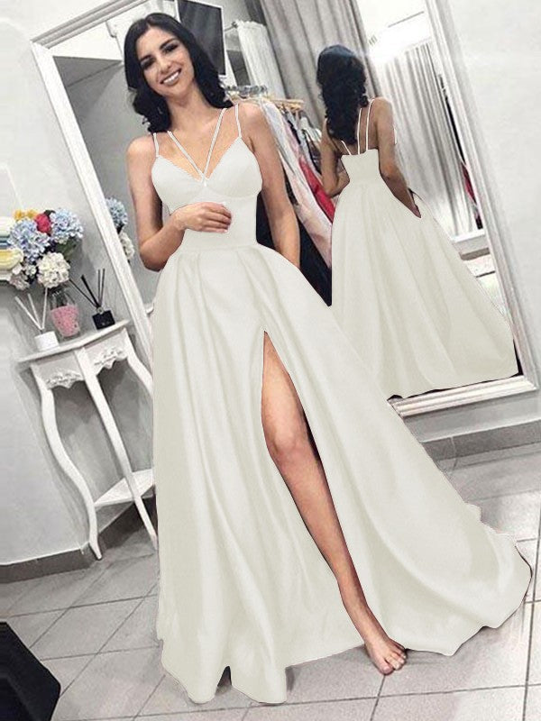 A-Line Sleeveless Spaghetti Straps Sweep/Brush Train With Ruffles Satin Prom Dress