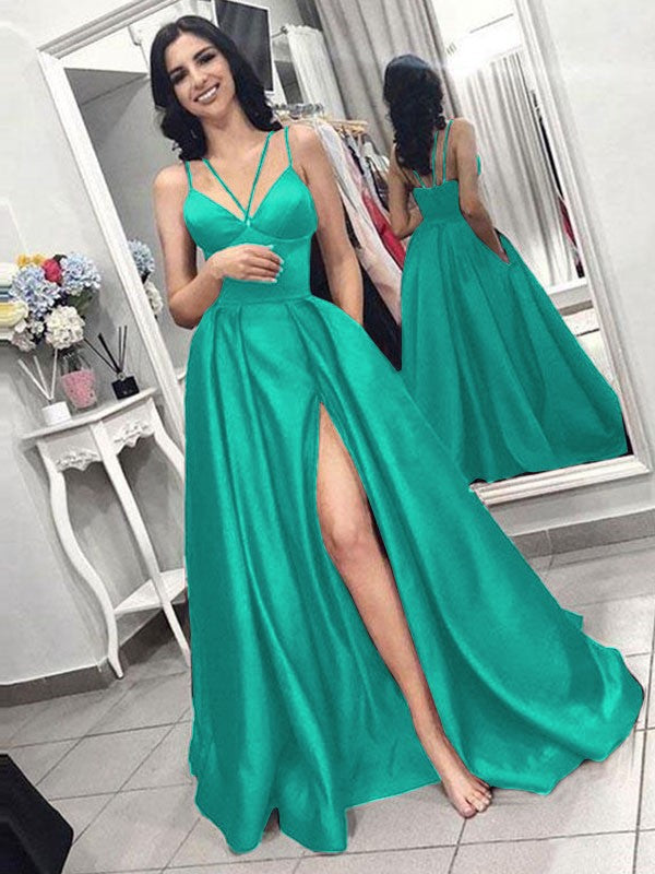 A-Line Sleeveless Spaghetti Straps Sweep/Brush Train With Ruffles Satin Prom Dress