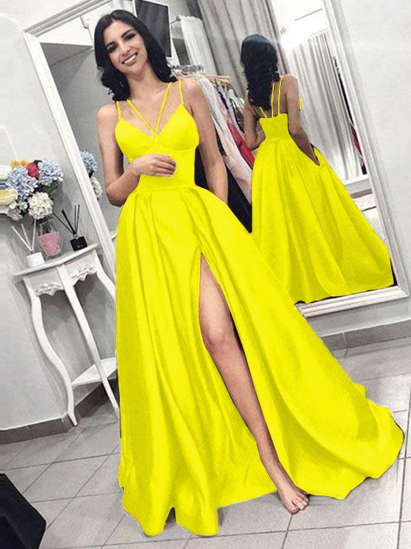 A-Line Sleeveless Spaghetti Straps Sweep/Brush Train With Ruffles Satin Prom Dress