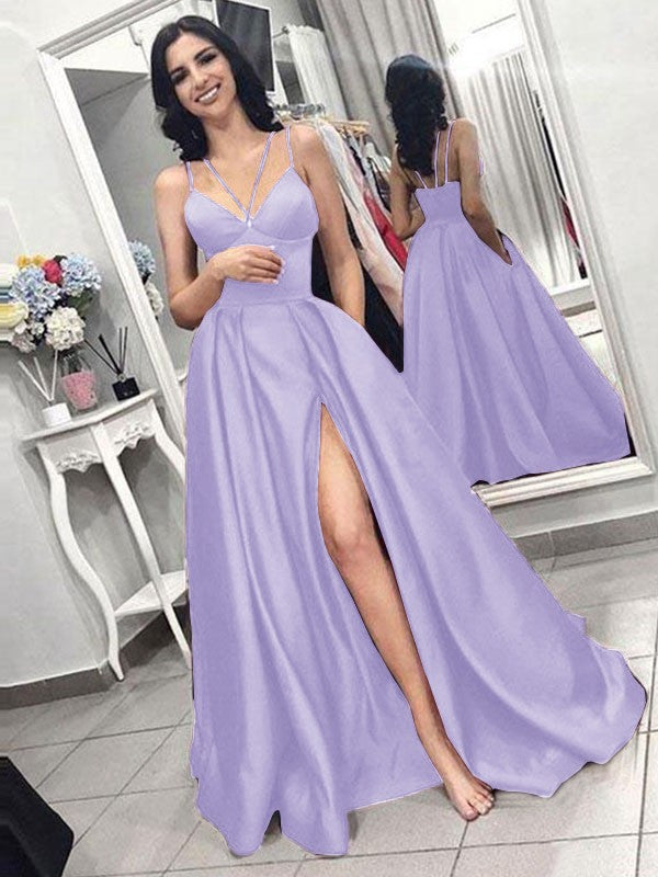A-Line Sleeveless Spaghetti Straps Sweep/Brush Train With Ruffles Satin Prom Dress