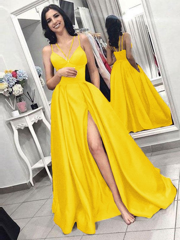 A-Line Sleeveless Spaghetti Straps Sweep/Brush Train With Ruffles Satin Prom Dress