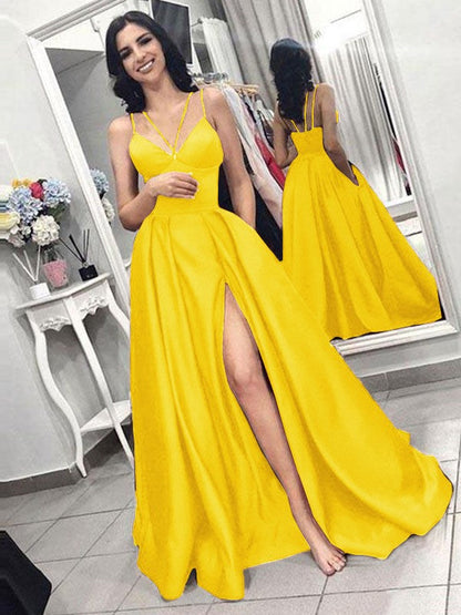 A-Line Sleeveless Spaghetti Straps Sweep/Brush Train With Ruffles Satin Prom Dress