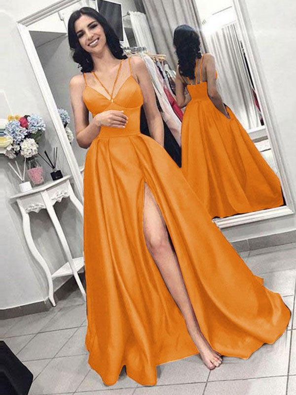 A-Line Sleeveless Spaghetti Straps Sweep/Brush Train With Ruffles Satin Prom Dress