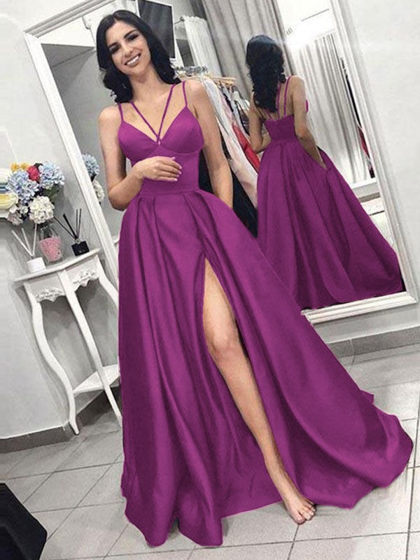 A-Line Sleeveless Spaghetti Straps Sweep/Brush Train With Ruffles Satin Prom Dress
