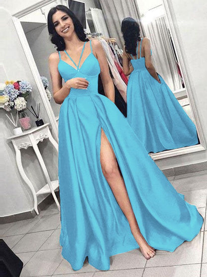 A-Line Sleeveless Spaghetti Straps Sweep/Brush Train With Ruffles Satin Prom Dress